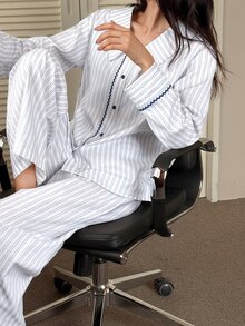 DAZY Women's Striped Long Sleeve Top And Pants Casual Daily Home Sleepwear Set - Blue - View 3