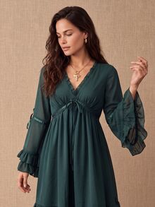 CielaLinda Gaun Mini Boho Biru Tosca Wanita, Gaun Chiffon Lengan Panjang dengan Pita, Gaun Lengan Berenda dan Ruffle - Teal Blue - View 5