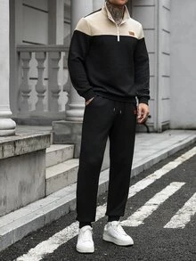 Manfinity Homme 新款男士半拉鍊立領休閒套裝，米色與黑色拼接設計，3D紋理提花面料，寬鬆版型衛衣搭配錐形長褲，適合通勤日常運動，年輕與中年男士穿著的2件式套頭衛衣套裝 - 黑色 - 查看 5