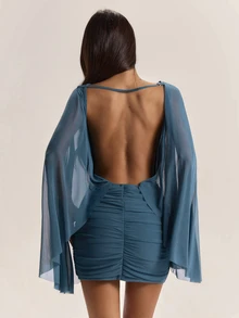 SHEIN BAE Fall Winter Teal Blue Boat Neck Sheer Flare Sleeve Ruched Bodycon Mini Dress Short Dresses Thanksgiving Day Of The Dead Party - Green - View 2