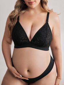 Moonlight&Mama Bra Menyusui Jacquard Seksi Ukuran Plus untuk Pakaian Santai - Hitam - View 5