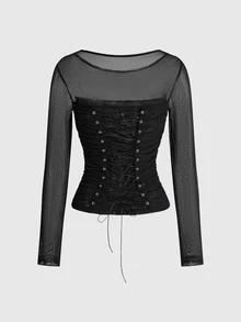 ROMWE Grunge Punk Sexy Hot Girl Mesh Sheer Eyelet Lace-Up Punk Women's Top - Black - View 2