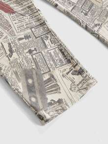 ROMWE Vintage Collage Newspaper Print Ultra Low Waist Women's Denim Mid-Length Pants - Multicolor - View 4