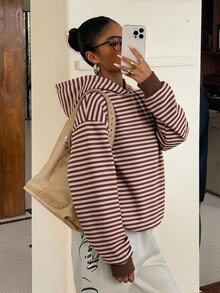 Muchica Plus Size Women's Striped Casual Daily Wear Hooded Sweatshirt - Multicolor - View 1