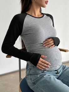 DAZY Patchwork Contrast Color Slim Fit Elastic Round Neck Casual Daily Vacation Korean Style Spring Autumn Maternity T-Shirt - Grey - View 5
