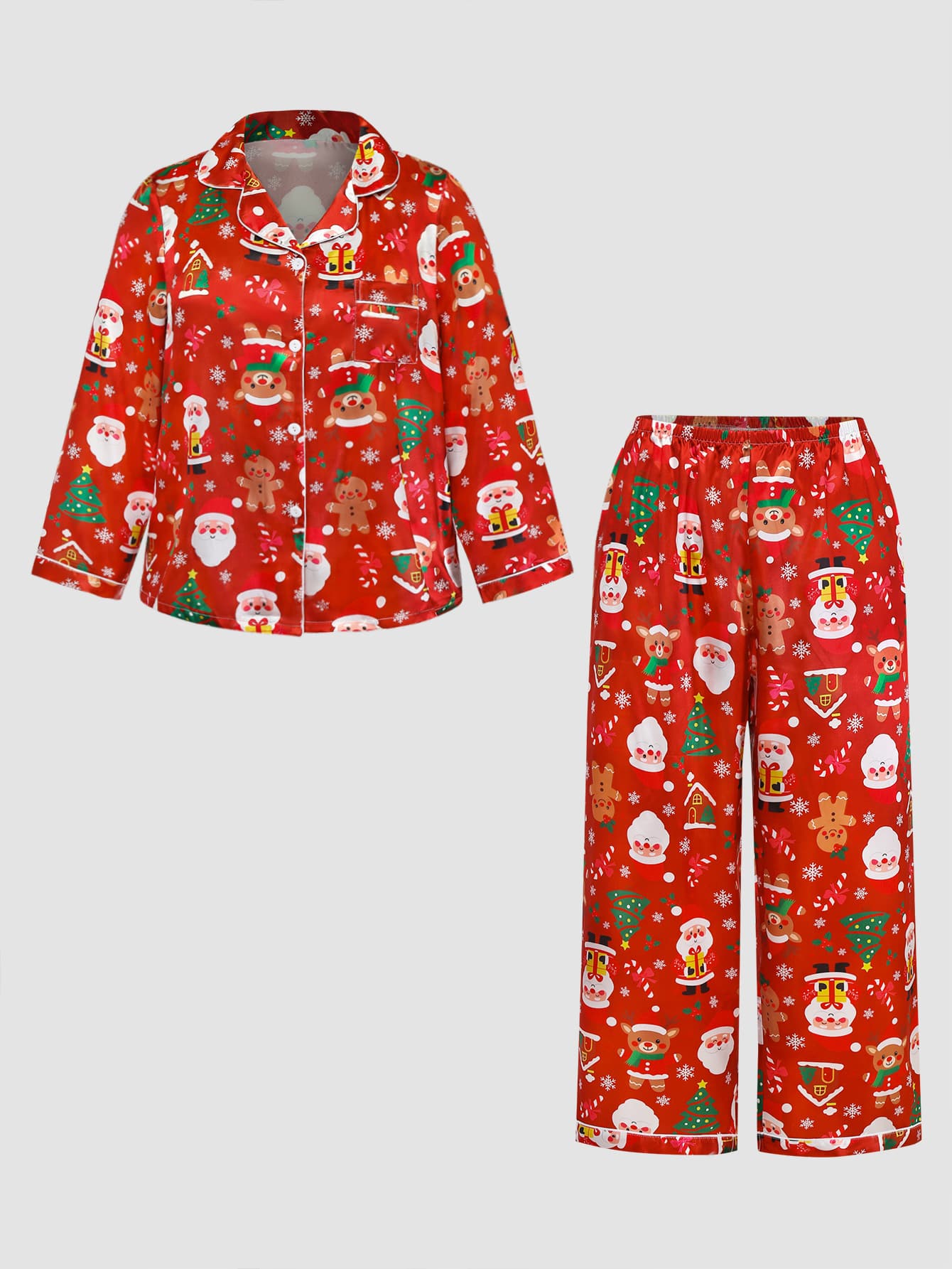 Chillnights Plus Size Women's Santa Claus Long Sleeve Single-Breasted Top And Pants Pajama Set - Red - View 1
