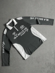 Manfinity Roghcode 男士純色拼接前拉鍊字母圖案 Polo 衫，秋冬長袖領口 Polo 衫，時尚街頭 INS 風格，Y2K 賽車風，送給男友的完美禮物 - 灰色 - 查看 4