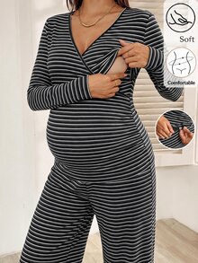SHEIN 孕婦哺乳V領長袖上衣與長褲條紋兩件套 秋季 - 深灰色 - 查看 10
