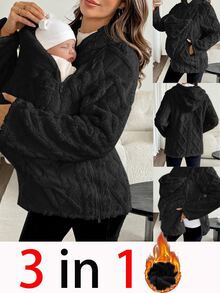 SHEIN Maternity Plush Comfortable Pocket Hooded 3-In-1 Jacket - Black - View 1