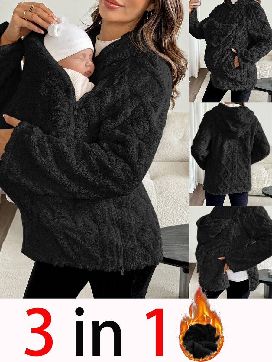 SHEIN Maternity Plush Comfortable Pocket Hooded 3-In-1 Jacket - Black - View 1