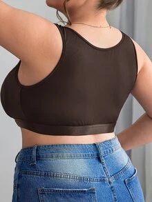 SHEIN CURVE+ 大尺碼簡約純色前扣式內衣背心，Curve Plus，Hoho Vacation - 棕色 - 查看 2