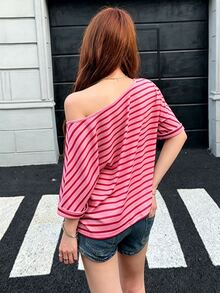 K-Vae Striped Print Asymmetrical Shoulder Batwing Sleeve Tee - Multicolor - View 2