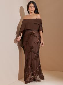 SHEIN CURVE+ 大尺碼女款露肩花卉刺繡網紗拼接洋裝，棕色秋冬優雅1920年代風，適合婚禮正式場合，5XL-8XL - 棕色 - 查看 5