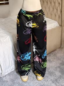 StreetHx Printed Street Style Straight Leg Loose Fit Long Pants - Black - View 4