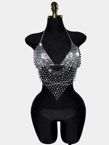 EgrlEra Petite Women's Fishnet Rhinestone Spaghetti Strap Strap Top, Rhinestone Embellished Sparkling Design Perfect For Bar, Party, Club Outfits - Dark Grey - View 4
