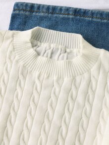 SHEIN 青少年女孩條紋拼接粗針編織V領燈籠袖寬鬆套頭毛衣，適合秋冬與戶外穿著 - 米色 - 查看 4
