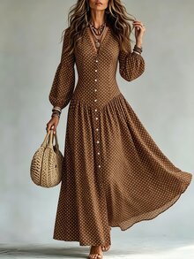 SHEIN Women's Polka Dot V-Neck Long Sleeve Single-Breasted Elegant Dress - Brown - View 3