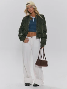 MUSERA Oversized Faux Fur Collar Thick Padded Zip Through Ribbed Waist Bomber Style Jacket Fall Autumn Winter Daily Everyday Outerwear - Army Green - View 2