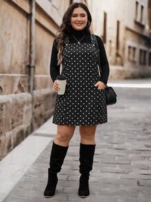 SHEIN LUNE Plus Size Casual Mini Dress With Wide Straps, Button Decor And Pockets, - Black and White - View 6