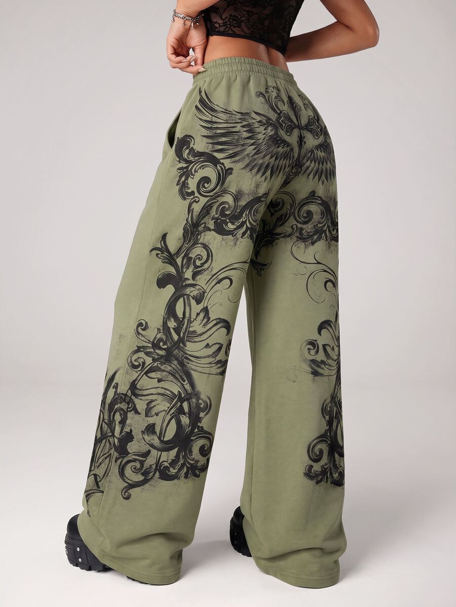 SHEIN ICON Plus Size Women Gothic Print Elastic Waist Pockets Loose Fit Long Pants - Army Green - View 1