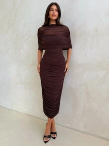 Aloruh Đầm dài lưới nhún xếp ly thanh lịch cho tiệc tùng, buổi tối, đêm giao thừa - màu nâu - Xem 6