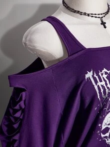 SHEIN ICON 女款大尺碼破洞口號骷髏印花紫色露肩T恤 - 紫色 - 查看 8