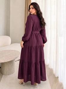 Solavon Plus Size Round Neck Long Sleeve Button Thin Strap Solid Color Dress - Burgundy - View 9