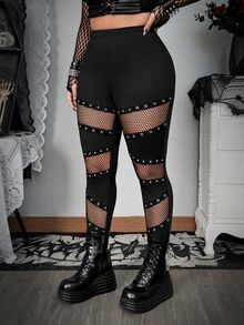 SHEIN CURVE+ Quần legging size lớn phong cách punk phối patchwork lưới đan rỗng khoét lỗ - màu đen - Xem 6