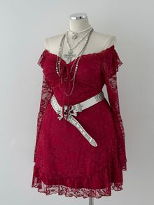 Sunspun Plus Size Autumn/Winter Elegant Sexy Lace Patchwork Square Neck Flared Sleeve A-Line White Dress - Burgundy - View 6