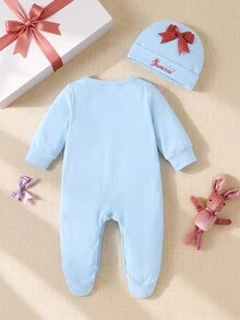 SHEIN 2件組新生女嬰連身衣帽子套裝 可愛公主風 淺藍色字母印花 蝴蝶結連腳長袖圓領 加厚款 派對家庭秋季穿著 - 淺藍色 - 查看 3