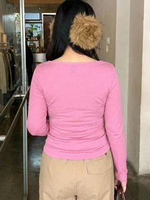 Dazy Plus 女童字母印花不對稱單肩領口休閒長袖棕色春/秋季T恤 - 西瓜粉 - 查看 2