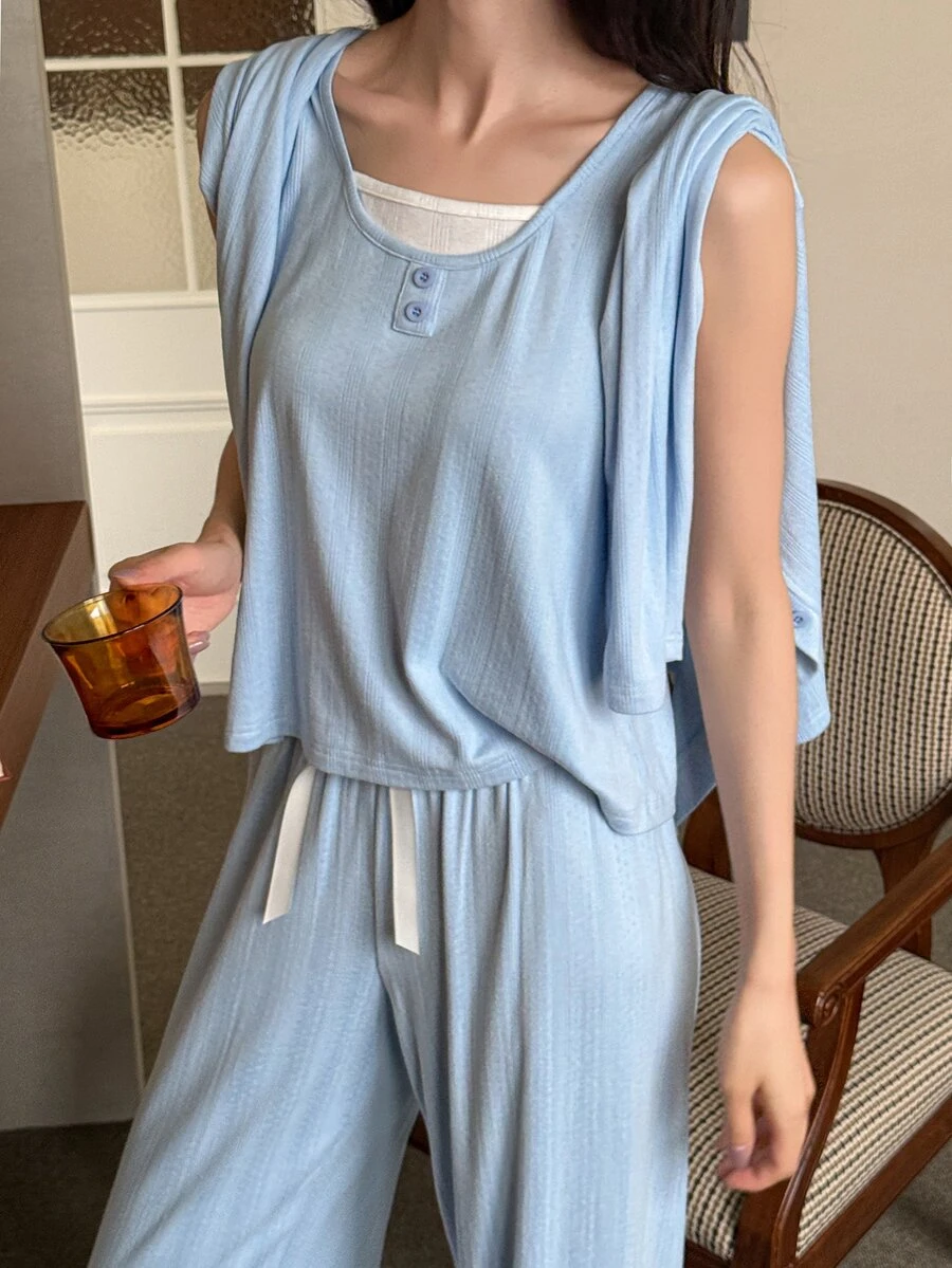 DAZY Women's Solid Color Fresh Home Tank Top, Cardigan And Pajama Pants, 3-Piece Sleepwear Set - Blue - View 1