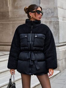 SHEIN جاكيت منفوخ محشو بالريش للنساء بتصميم دب تيدي مع ياقة واقفة وملمس بارز متناسق - الأسود - مشاهدة 9