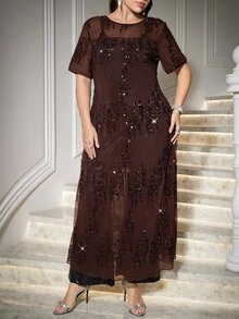 Reflora Plus Size Women's Solid Color Round Neck Short Sleeve Sequin Elegant Dress - Brown - View 3