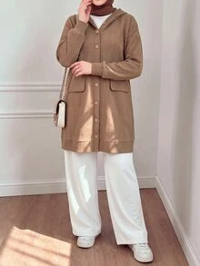 Lacomfia Women's Hooded Long Sleeve Loose Textured Jacquard Casual Versatile Autumn/Winter Plus Size Jacket - Khaki - View 4