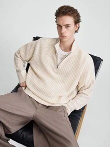 RONVEXI Men's Plus Size Textured Casual Zip Half Placket Long Sleeve Sweater - Beige - View 1