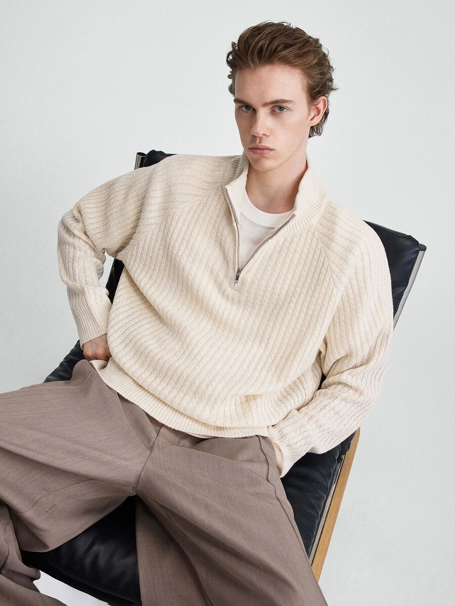 RONVEXI Men's Plus Size Textured Casual Zip Half Placket Long Sleeve Sweater - Beige - View 1
