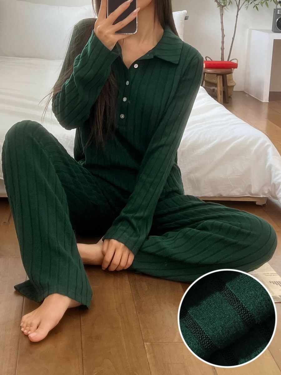 DAZY Women's Solid Color Long Sleeve Top And Pants Casual Daily Home Sleepwear Set - Coffee Brown - View 1