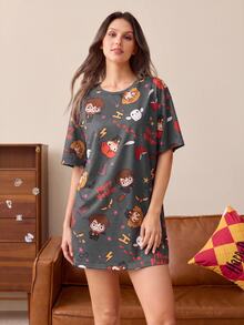 HARRY POTTER X SHEIN Women's Simple Cartoon Print Short Sleeve Nightgown - Dark Grey - View 1