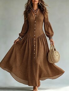SHEIN Women's Polka Dot V-Neck Long Sleeve Single-Breasted Elegant Dress - Brown - View 4