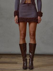 MUSERA Contrast Ribbed Knit Fur Trim Skirt Fall Winter Everyday Causal Going Out Cool Girl Forces - Multicolor - View 2