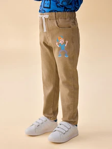 Blippi X SHEIN Young Boy Elastic Waist Drawstring Solid Color Denim Jeans - Apricot - View 5