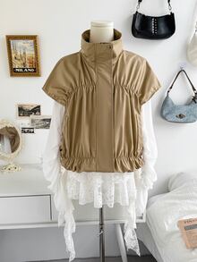 Soleia Autumn/Winter Zipper Pleated Vest Sleeveless Jacket - Beige - View 9