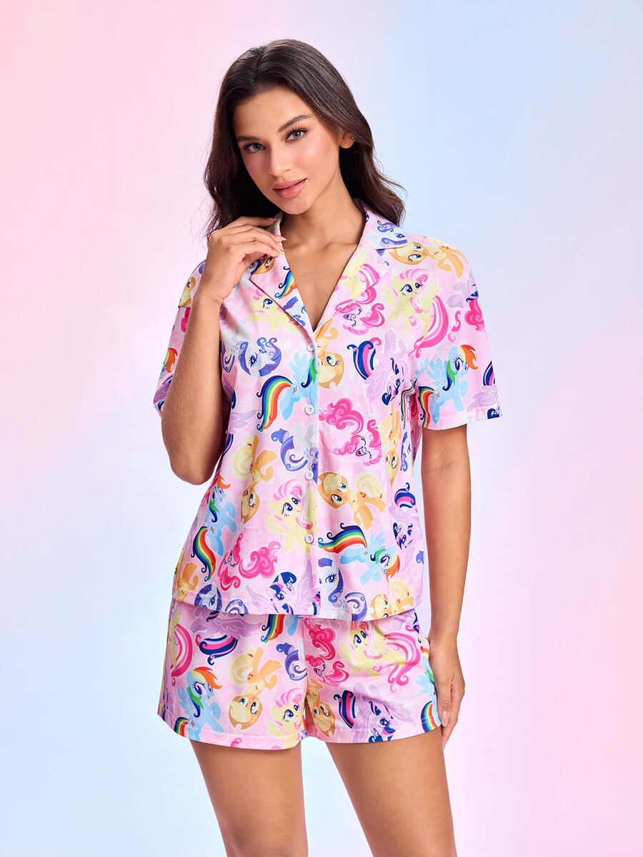 My Little Pony X SHEIN Bộ đồ ngủ nữ áo tay ngắn và quần short in hình kỳ lân - Nhiều màu - Xem 1