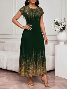 SHEIN Lady Plus Size Women's Dark Green Foil Casual Elegant Party Formal Dinner Dress Wedding Summer - 墨綠色 - 查看 4