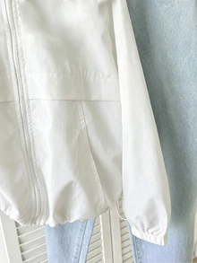SHEIN Kids Tween Girl Casual Street Style Hooded Zip-Up Autumn Winter Jacket With Pockets, Drawstring Hem, Long Sleeve, Woven Solid Color - White - View 5