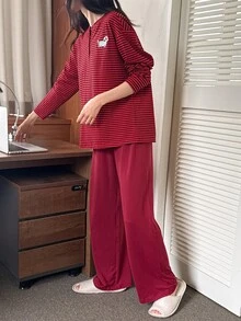 DAZY Women's Striped Long Sleeve Top And Pants Casual Daily Home Sleepwear Set - Red - View 4