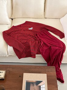 DAZY Women's Striped Long Sleeve Top And Pants Casual Daily Home Sleepwear Set - Red - View 6