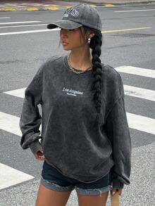 SHEIN CURVE+ Women's New Distressed Snow-Washed Round Neck Long Sleeve Letter Print Casual Black T-Shirt Fall - Black - View 7