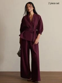 COSMINA Setelan Blus dan Celana Panjang Lengan Mengembang Warna Burgundy untuk Wanita, Pakaian Dua Potong Lengan 3/4 - Burgundy - View 1